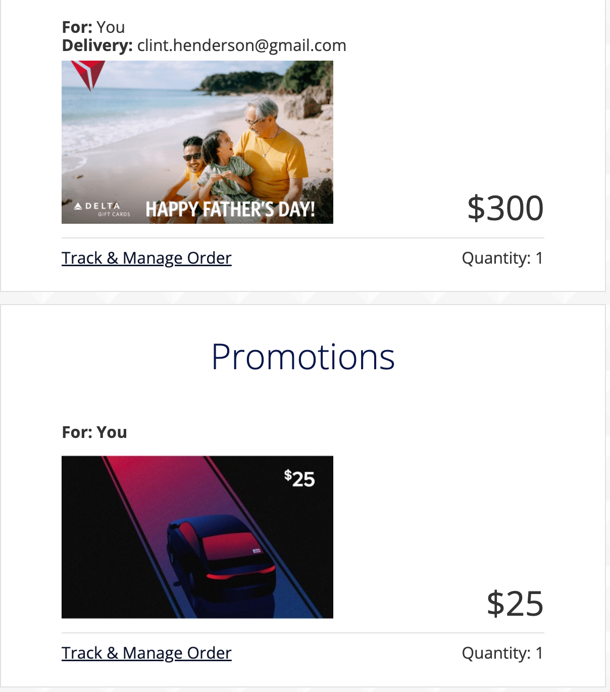 Delta and Uber gift card notification.